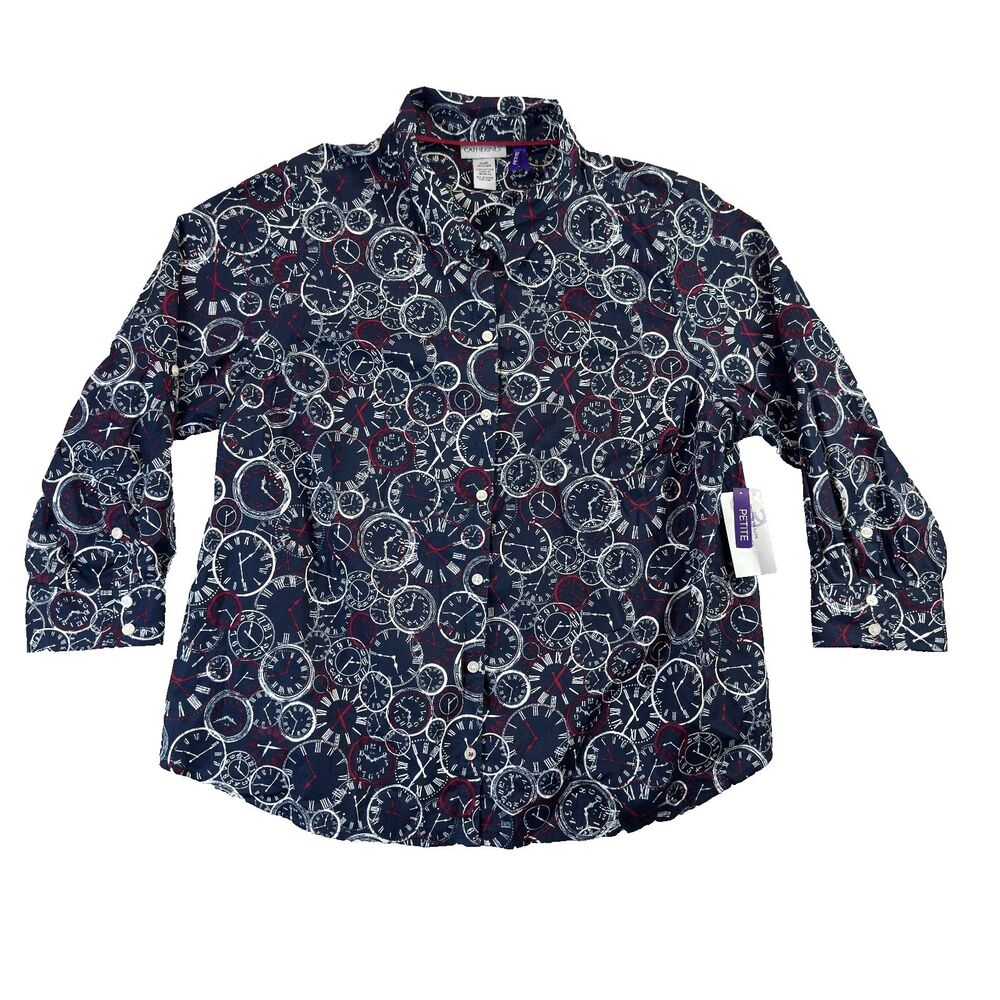 Catherines Blouse Womens 1XWP Navy Cotton Clock Print Roll Tab Sleeve Shirt Top